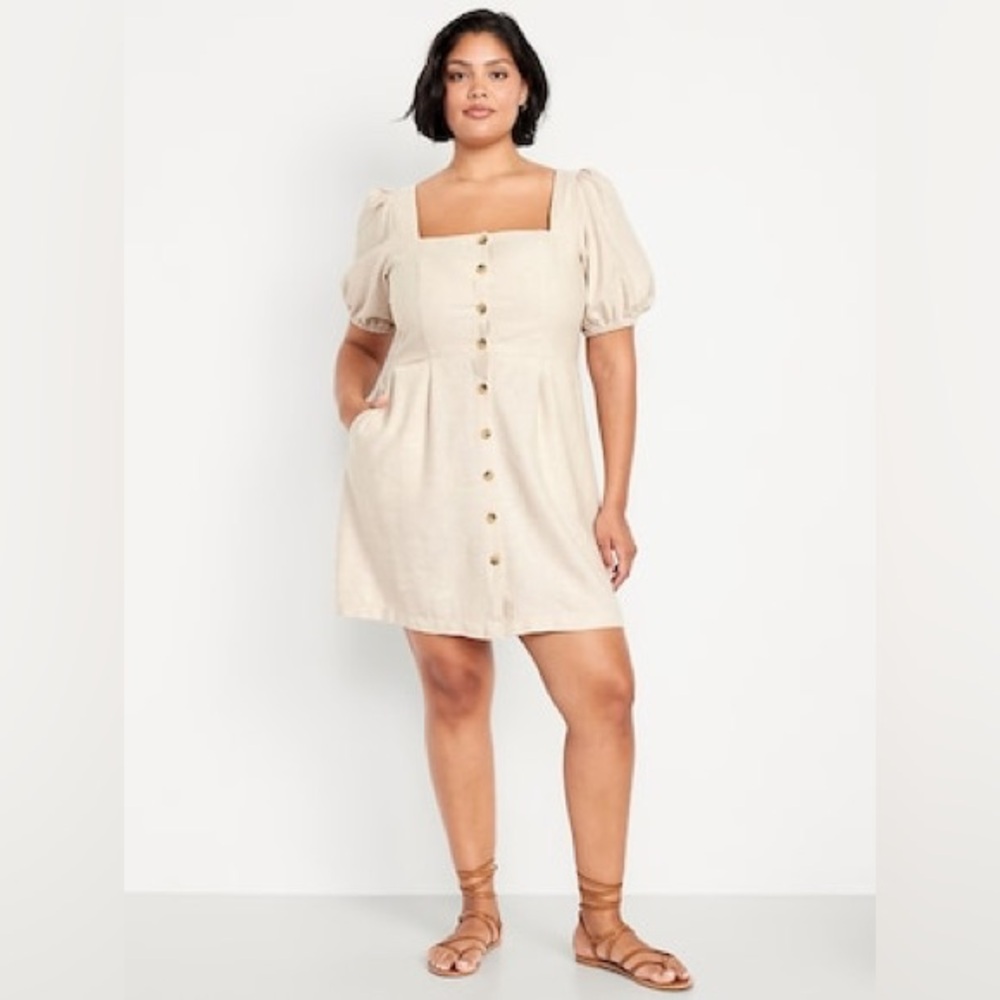 Puffy Sleeve Linen-Blend Mini Dress Neutral Cream Old Navy Square Neck Large